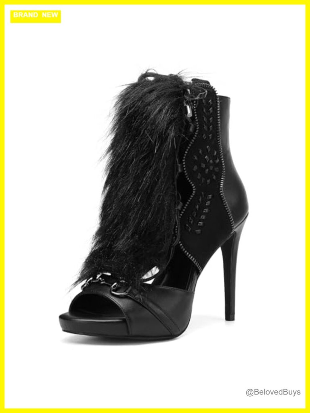 Faux Fox Fur Trim High Heel Ankle Boot Sandals Cutout Stiletto Peep Toe Zip